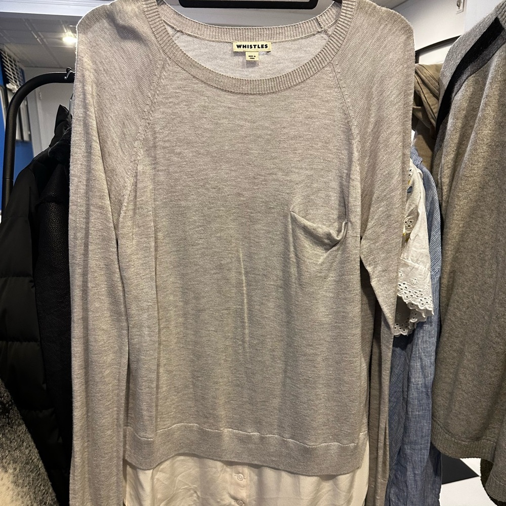 Grey sweater with under button down layer